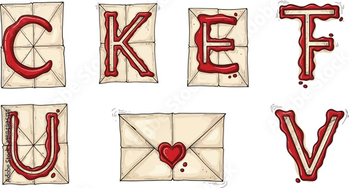 A collection of vintage paper letters sealed with red wax and a central envelope featuring a heart design represents old correspondence.