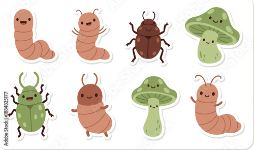 A set of cheerful, stylized insect and fungus stickers includes smiling caterpillars, beetles, and mushrooms for decoration.