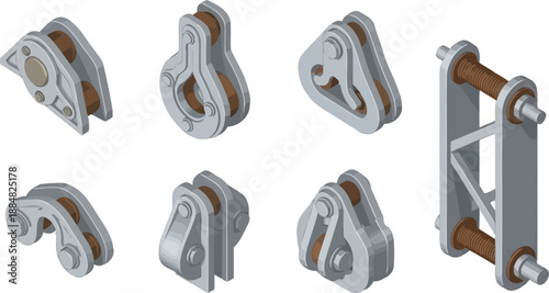 A collection of isometric industrial metal hardware components, including shackles and links, are displayed against a white background.
