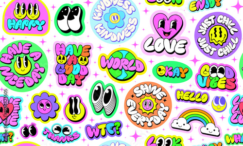 Wallpaper Mural Cool Groovy Stickers Collage Vector Design. Trendy Y2k Patches Pattern Background. Set Of Funny Funky Retro Pop Art Badges. Torontodigital.ca