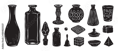 Collection of various hand-drawn objects in a black silhouette style, including vases, bottles, jars, and geometric shapes, rendered with a vintage woodcut or linocut effect