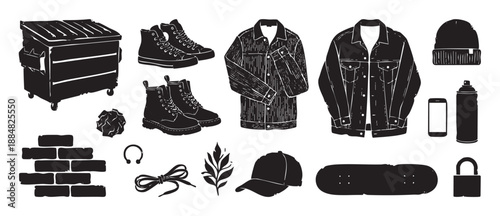 Set of black graphic urban illustrations featuring youth culture items like a skateboard, jacket, boots, and spray paint can in a hand-drawn linocut style