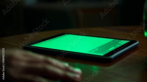 Wallpaper Mural Hand reaches towards tablet screen displaying green interface. Wooden table in low light creates warm atmosphere. Concept of technology, digital interactions, mobile applications Torontodigital.ca