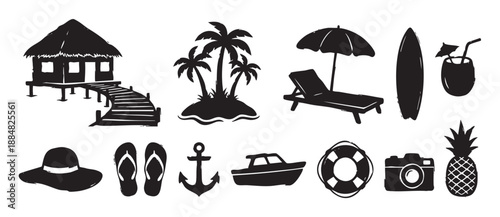 Set of black tropical beach icons featuring a hut, palm trees, surfboard, and other summer vacation elements in a hand-drawn silhouette style
