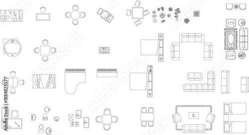 A massive vector line art collection of interior furniture symbols from a top-down perspective, featuring various dining table sets, bedroom layouts, grand pianos, office desks, and modular sofa arran