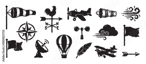 Set of black hand-drawn weather and aviation icons in a vintage stamp style featuring a windsock, rooster weathervane, airplane, compass rose, hot air balloon, and anemometer
