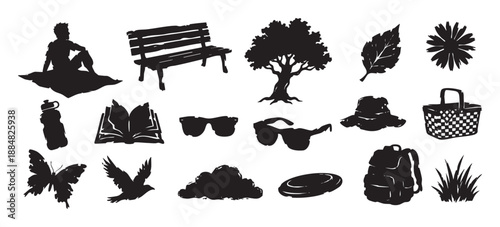 Collection of black picnic and park silhouettes featuring a person, bench, tree, basket, and backpack in a hand-drawn, grunge stamp style illustration for summer themes