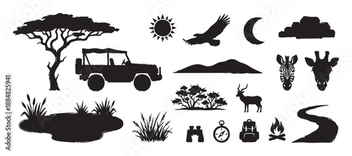 Collection of black safari adventure silhouettes featuring an off-road vehicle, wild animals like zebra and giraffe, and travel icons with a rugged brush stroke texture