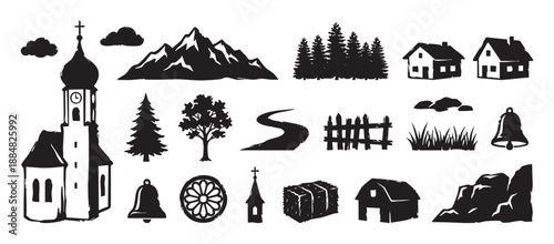 Set of black rustic village silhouette icons featuring a church, mountains, houses, trees, a barn, and a hay bale with a textured, hand-drawn effect