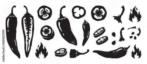 Black chili pepper vector illustration set with whole, sliced, and half peppers in a hand-drawn grunge style, including flame icons and seeds for a spicy food concept