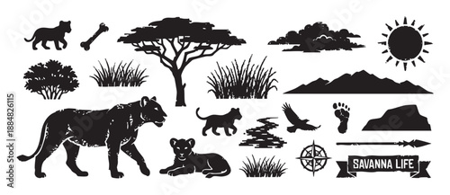 Black grunge-style vector icon set of savanna wildlife and nature elements including a lioness, cubs, acacia tree, sun, mountains, eagle, and other safari adventure illustrations