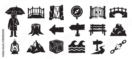 Set of black adventure and outdoor exploration icons with a rustic, hand-drawn stamp effect, featuring a compass, bridge, mountain, and other nature elements for hiking and travel