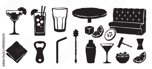 Black silhouette icon set of various barware and cocktail making equipment, including a shaker, glasses, furniture, and garnishes in a rough, stamp-like graphic style