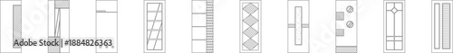 A specialized vector line art collection of interior door panels and cabinet fronts, featuring intricate geometric diamond patterns, clean vertical lines, and modern minimalist grilles for architectur