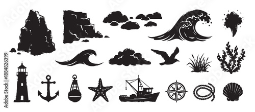 Black grunge nautical and marine icon set featuring a lighthouse, anchor, boat, wave, and starfish silhouettes in a distressed, hand-drawn stamp style illustration