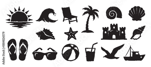 Collection of black summer beach icons in a hand-drawn grunge stamp style, featuring a palm tree, sun, wave, sandcastle, seashell, and other vacation symbols