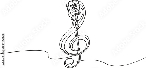 Minimalist Music Note one line outline illustration on white treble clef and microphone
