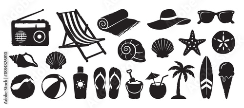 Collection of black summer beach holiday icons with a distressed rubber stamp texture featuring a deck chair, palm tree, surfboard, seashells, and other vacation essentials