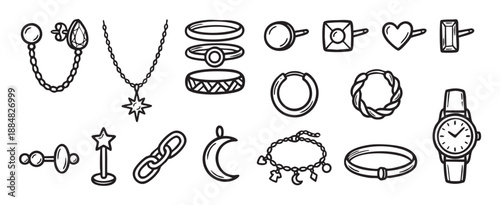 Hand-drawn jewelry and accessories collection featuring various items like earrings, rings, necklaces, bracelets, and a watch in a simple black and white line art doodle style