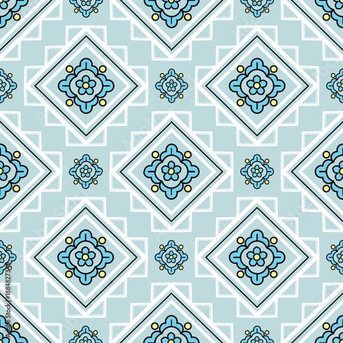 Geometric Pattern in Pastel: An intricate geometric pattern, featuring diamond shapes and delicate floral motifs in a serene pastel palette, perfect for textile design and digital art.