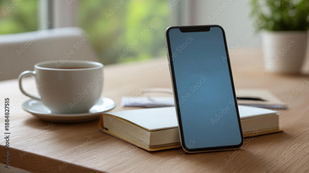 Fototapeta premium Smartphone with blank screen leaning on closed book next to coffee cup on wooden table in cozy indoor setting