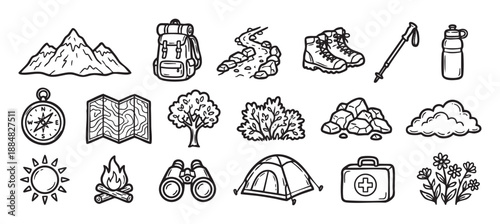 Hand-drawn black and white hiking icon set featuring a mountain, backpack, compass, tent, and campfire in a simple doodle style for outdoor adventure and camping themes