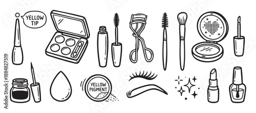 Set of black and white cosmetic illustrations featuring various makeup products like mascara, lipstick, eyeshadow, and brushes, hand-drawn in a cute and simple doodle line art style