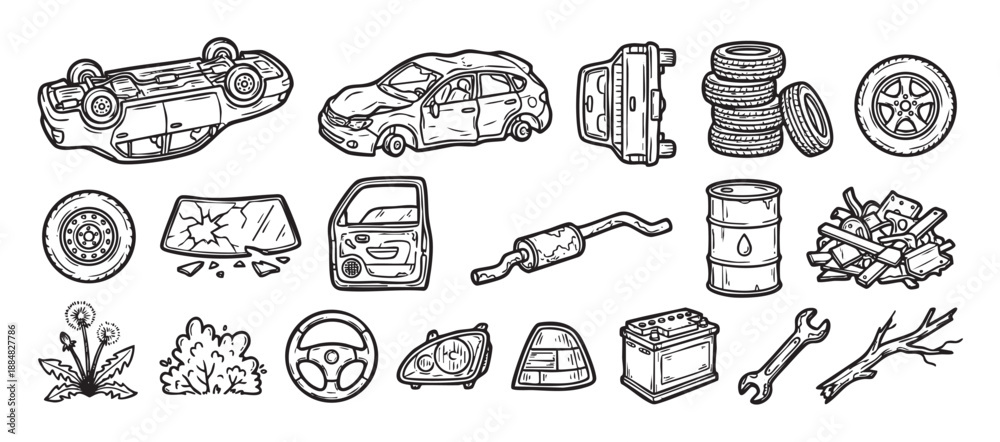 Obraz premium Hand-drawn collection of car crash elements including a wrecked vehicle, broken parts, and junkyard items in a black and white doodle style illustration set