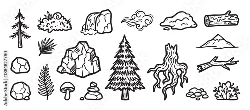 Hand-drawn collection of nature and forest icons featuring trees, mountains, rocks, a log, and a mushroom, rendered in a bold black outline sketch style for camping and hiking concepts