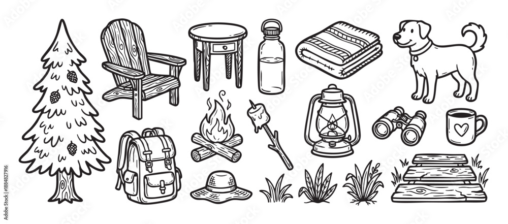 Obraz premium Hand-drawn collection of camping and hiking icons including a campfire, backpack, dog, and lantern in a black and white doodle style for outdoor adventure themes