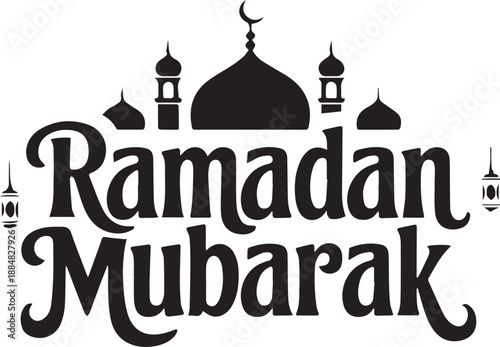 Ramadan Mubarak Arabic calligraphy with mosque silhouette