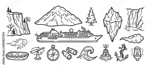 Set of hand-drawn nautical doodle icons featuring a cruise ship, mountain, iceberg, anchor, and compass for sea travel and adventure concepts, rendered in a black and white line art style