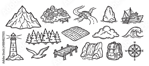Black and white set of hand-drawn doodle icons for travel and adventure, including a mountain, village, lighthouse, fishing boat, compass, and backpack in a sketch style