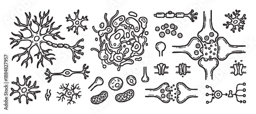 Set of hand-drawn neuroscience illustrations showing neurons, synapses, microglia, and mitochondria in a black and white doodle style for scientific or medical educational materials