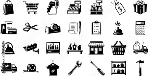 Retail and Shopping Business Icons Set in Glyph Style. E-commerce, Store Management, Payment, Delivery, and Tool Symbols Collection.
