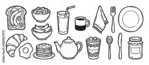 Collection of hand-drawn breakfast food icons including pancakes, eggs, toast, fruit, and coffee in a black and white doodle sketch illustration style