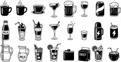 Food and Drink Black and White Line Art Icons Set. Hand-Drawn Doodle Collection of Various Beverages: Coffee, Milk, Beer, Cocktails, Soda, Energy, Water.