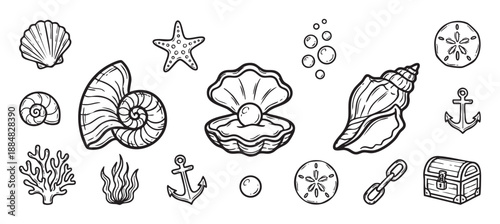 Collection of hand-drawn nautical icons featuring seashells, a starfish, an anchor, a pearl in an oyster, and a treasure chest, all rendered in a black and white doodle line art style
