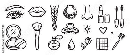Collection of hand-drawn black beauty icons including lipstick, mascara, powder, brush, perfume, and an eye with lashes in a simple doodle style illustration set