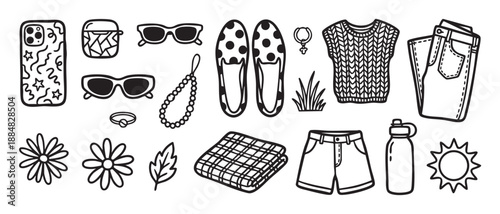 Set of hand-drawn black outline doodle icons representing summer vacation essentials like clothes, sunglasses, jewelry, and travel accessories in a cute cartoon style