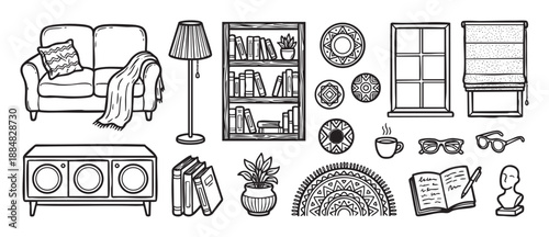 Hand-drawn doodle icon set of cozy home furniture and interior decor elements including a sofa, bookshelf, lamp, and plants in a simple black and white line art illustration style