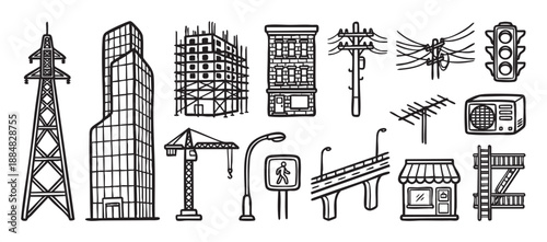 Set of hand-drawn urban industrial elements featuring a skyscraper, construction site, crane, traffic light, and power lines in a bold black outline doodle illustration style