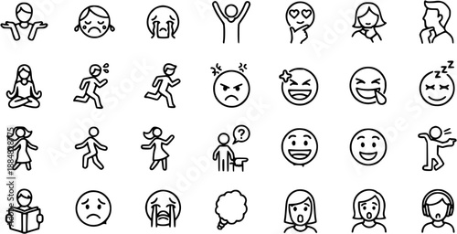 Lifestyle and Human Emotions Outline Icon Set: Black  White Line Art Collection of Emoticons, People, Actions, and Various Behaviors