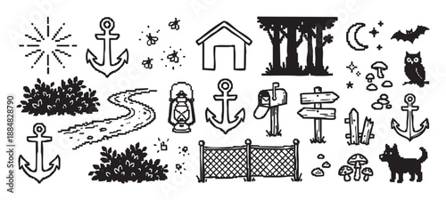 Diverse collection of black hand-drawn icons featuring nature, nautical, and outdoor elements in a charming pixelated and sketched style for various design projects