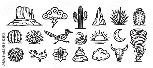 Collection of hand-drawn desert icons featuring a cactus, snake, skull, and roadrunner in a minimalist black and white line art style for western-themed designs