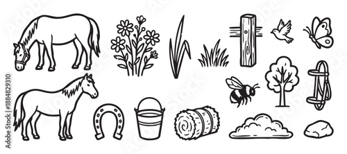Collection of black and white farm icons featuring hand-drawn horses, a hay bale, horseshoe, flowers, and other rustic nature elements in a simple doodle sketch style