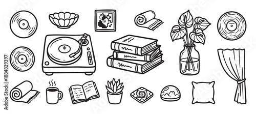 Collection of hand-drawn cozy home items including a turntable, vinyl records, books, and a plant, illustrated in a simple black and white doodle line art style for a hygge concept