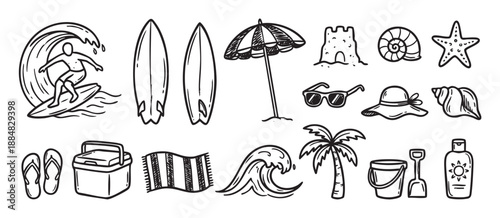 Collection of hand-drawn beach vacation icons featuring a surfer, surfboard, palm tree, umbrella, and sandcastle in a simple black and white doodle sketch illustration style