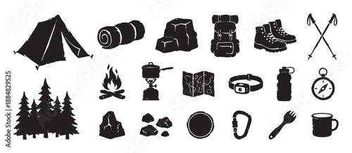 Collection of black grunge camping icons featuring a tent, backpack, campfire, compass, and hiking boots for outdoor adventure and travel themes in a flat vector illustration style