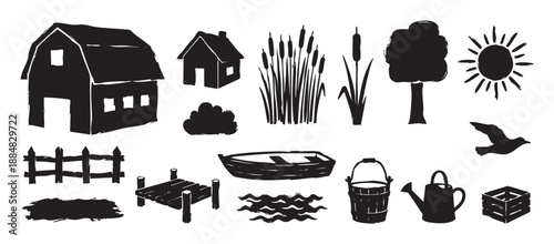Collection of black hand-drawn farm and countryside icons in a rustic block print style, featuring a barn, house, boat, pier, tree, sun, and various agricultural elements